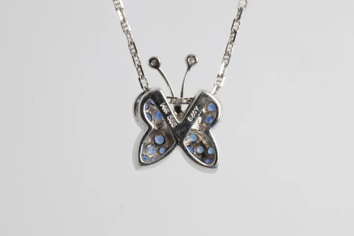 16” 14k White Gold 0.08ctw Diamond 1.14ctw Sapphire Butterfly Necklace (4.90g.)