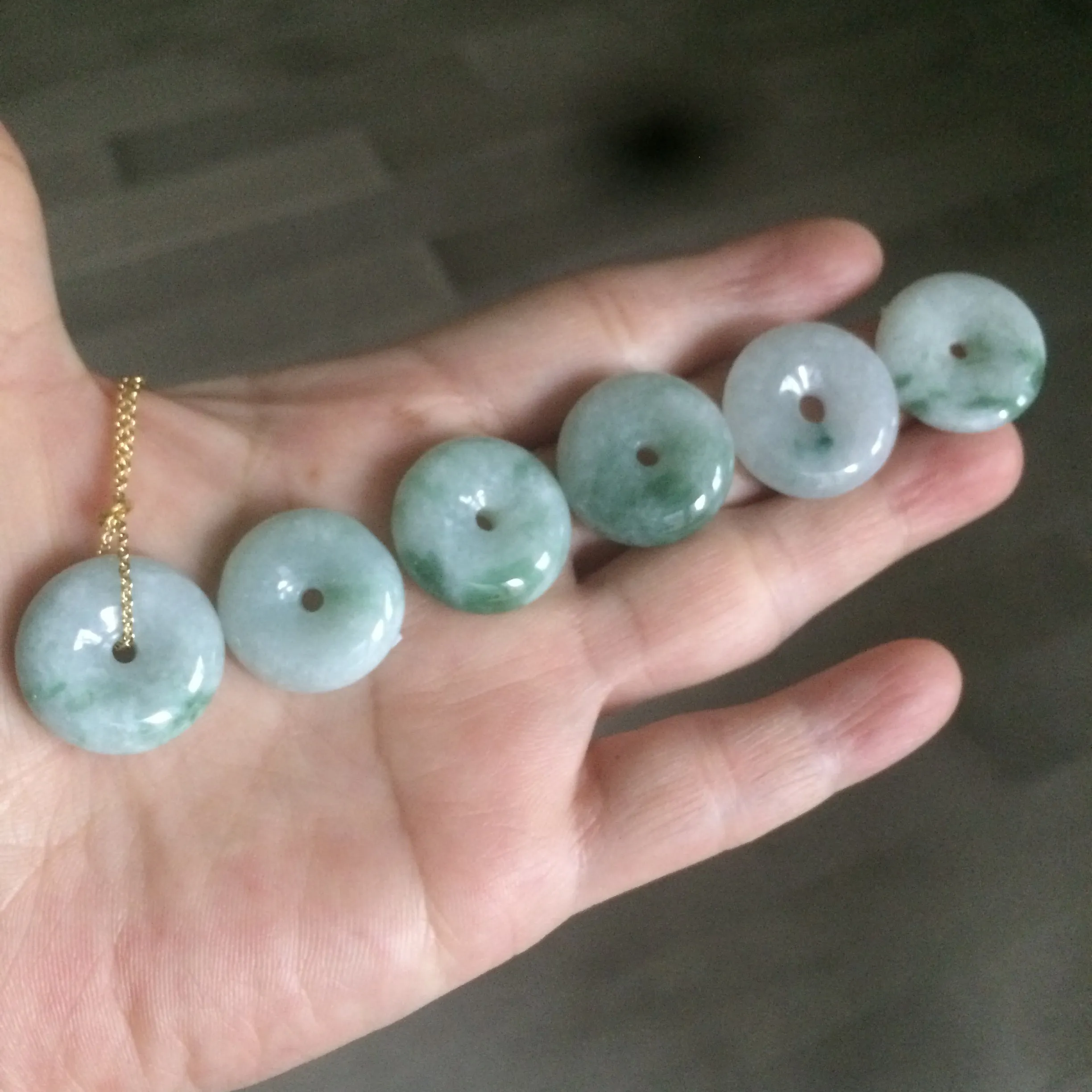 19-22mm Type A 100% Natural green/white (green floating flower) Jadeite Jade Safety Guardian Button donut Pendant group AC23