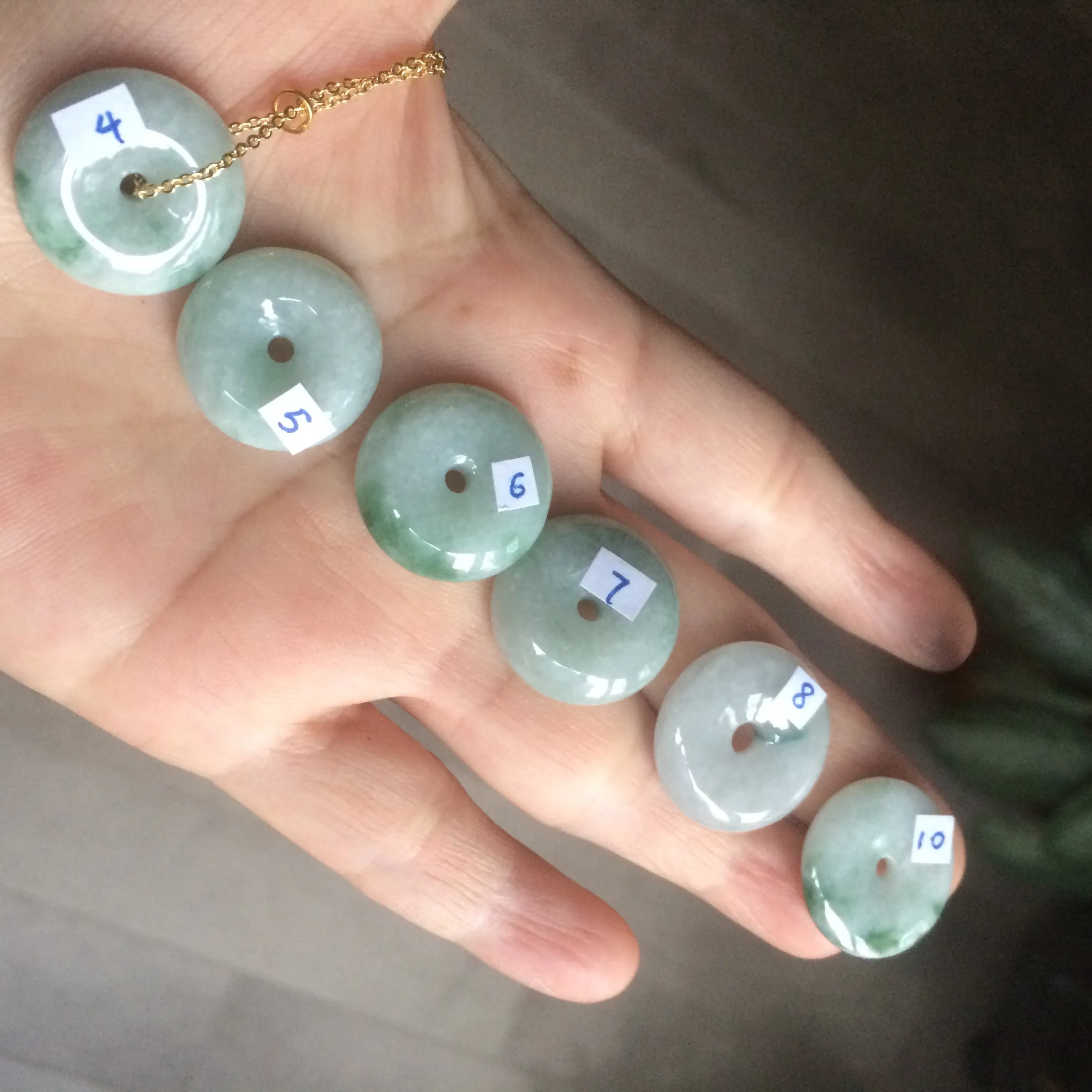 19-22mm Type A 100% Natural green/white (green floating flower) Jadeite Jade Safety Guardian Button donut Pendant group AC23