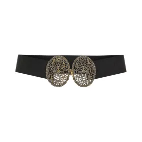 1920s French Filigree Buckle and Black Fabric Belt