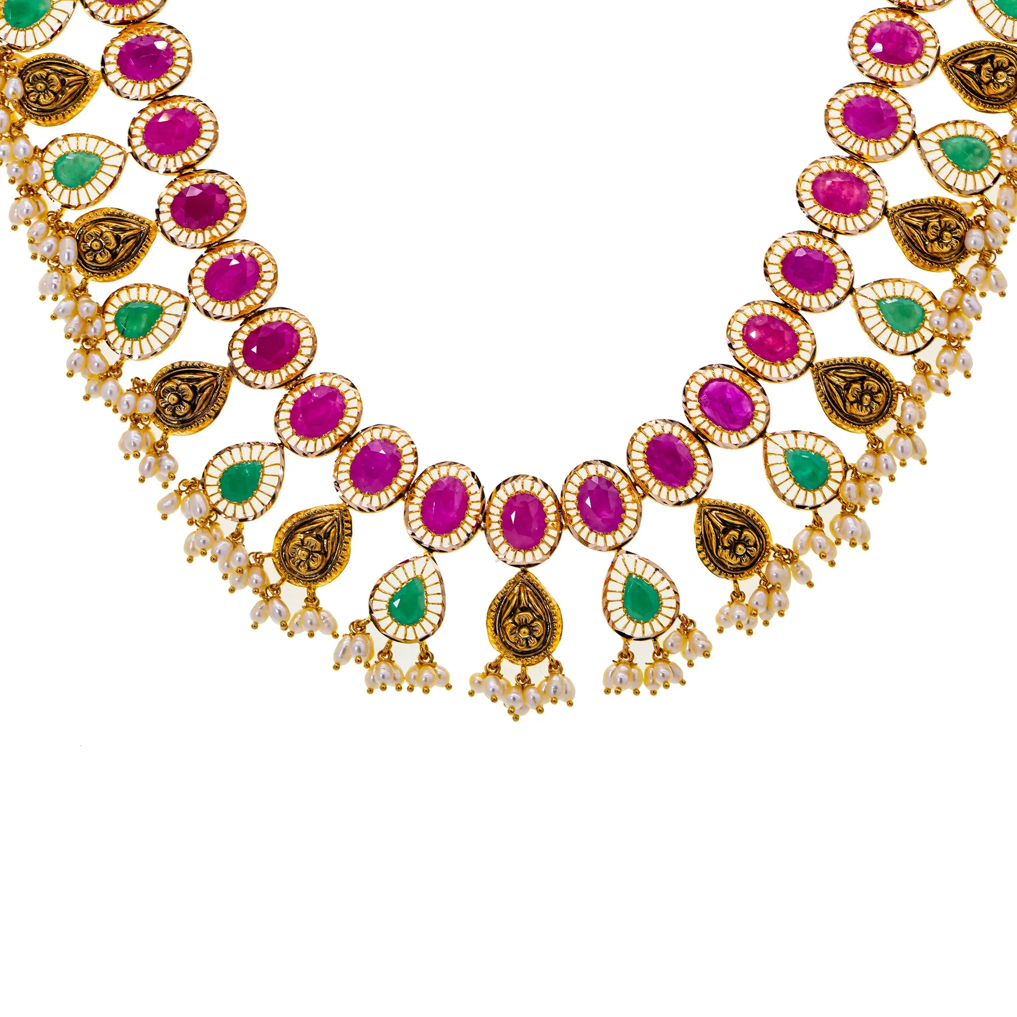 22K Yellow Gold, Gemstone, and Pearl Necklace (108.7gm)