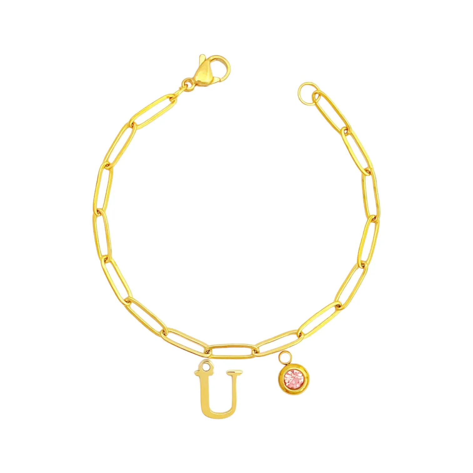 Alphabet Birthstone Paperclip Bracelet Gold (O-U)