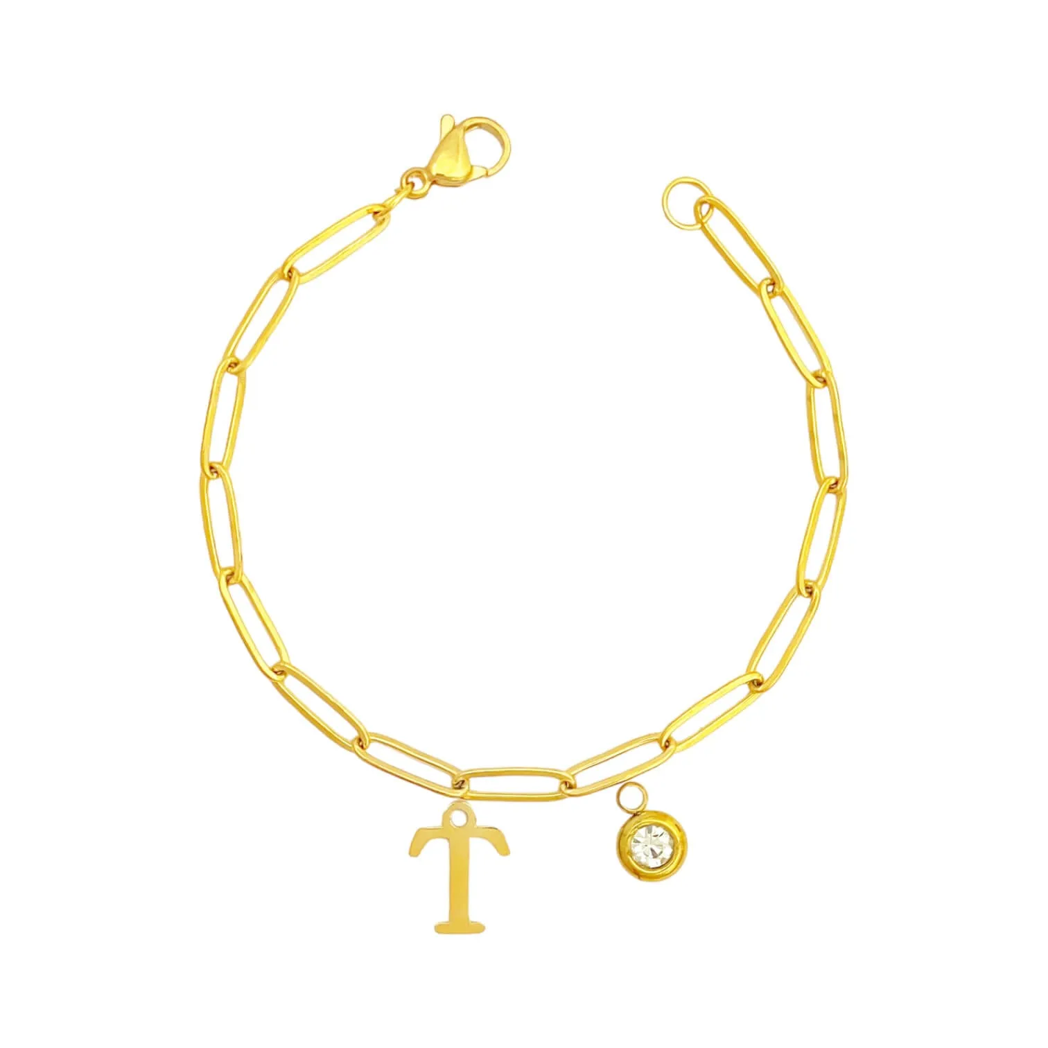 Alphabet Birthstone Paperclip Bracelet Gold (O-U)