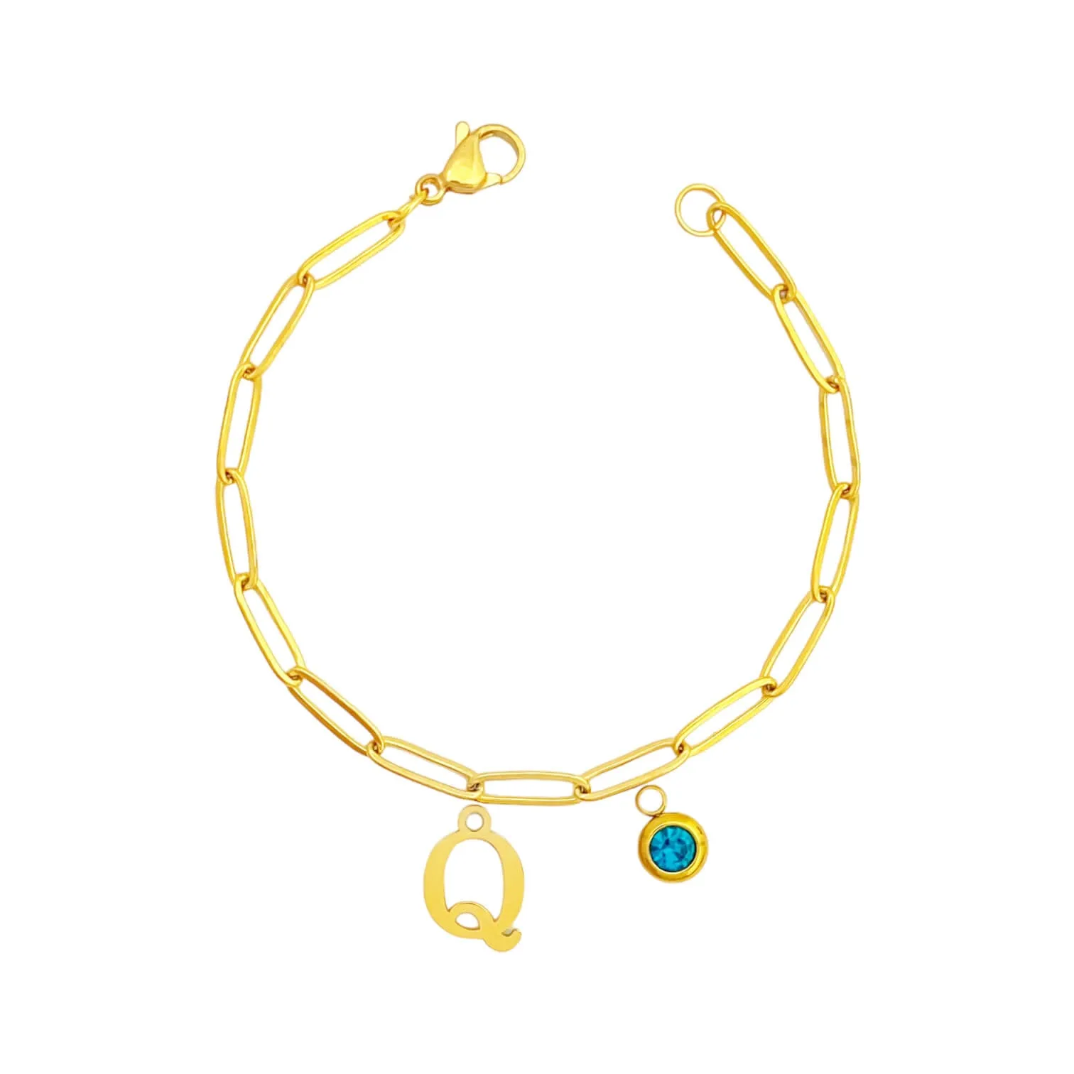 Alphabet Birthstone Paperclip Bracelet Gold (O-U)