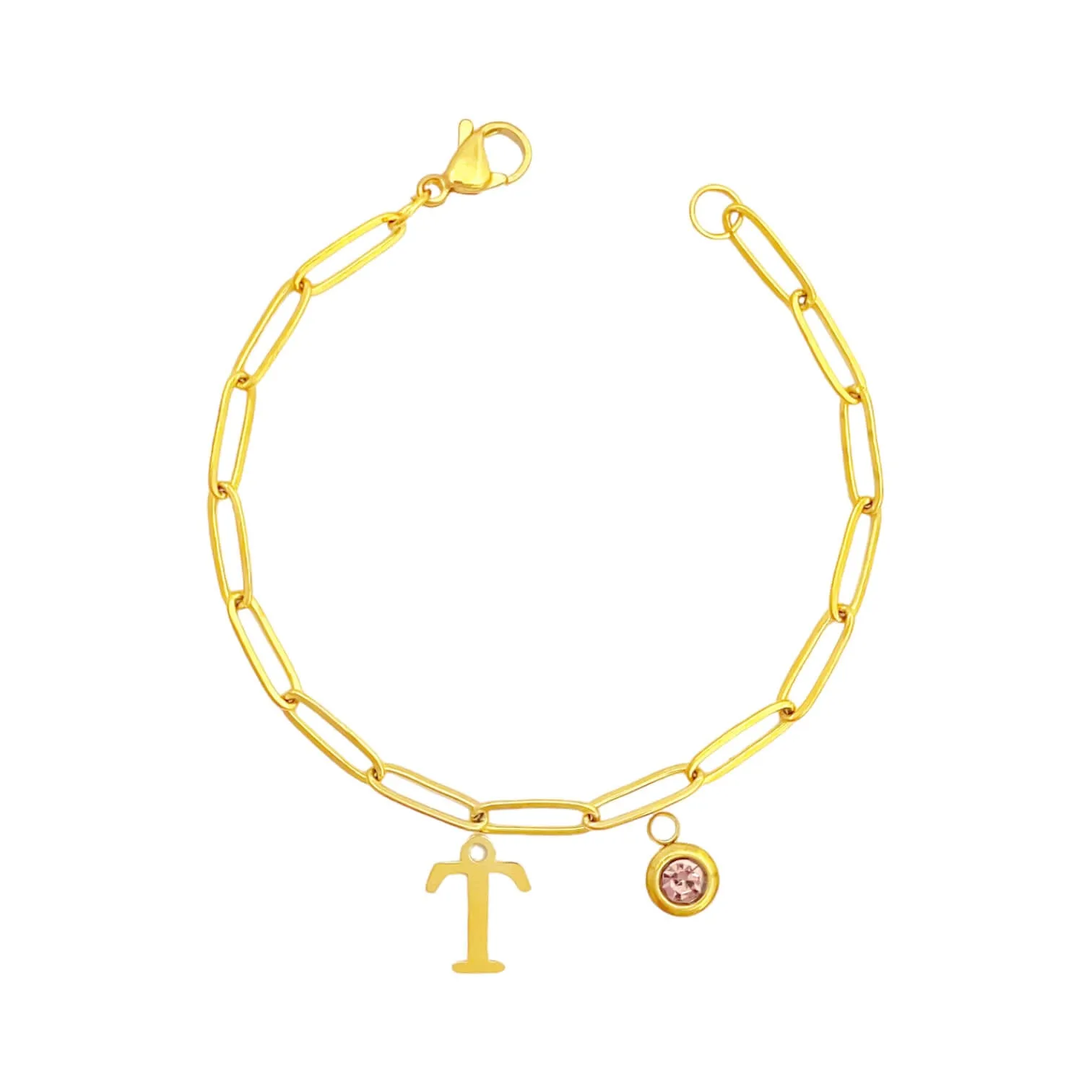 Alphabet Birthstone Paperclip Bracelet Gold (O-U)