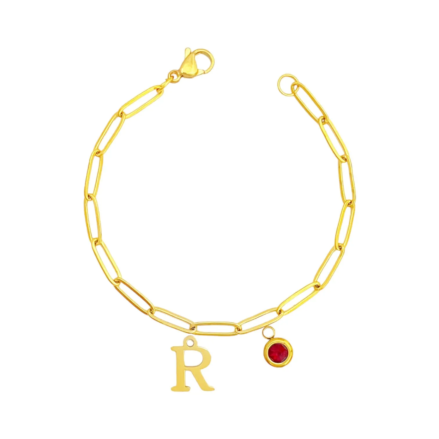 Alphabet Birthstone Paperclip Bracelet Gold (O-U)