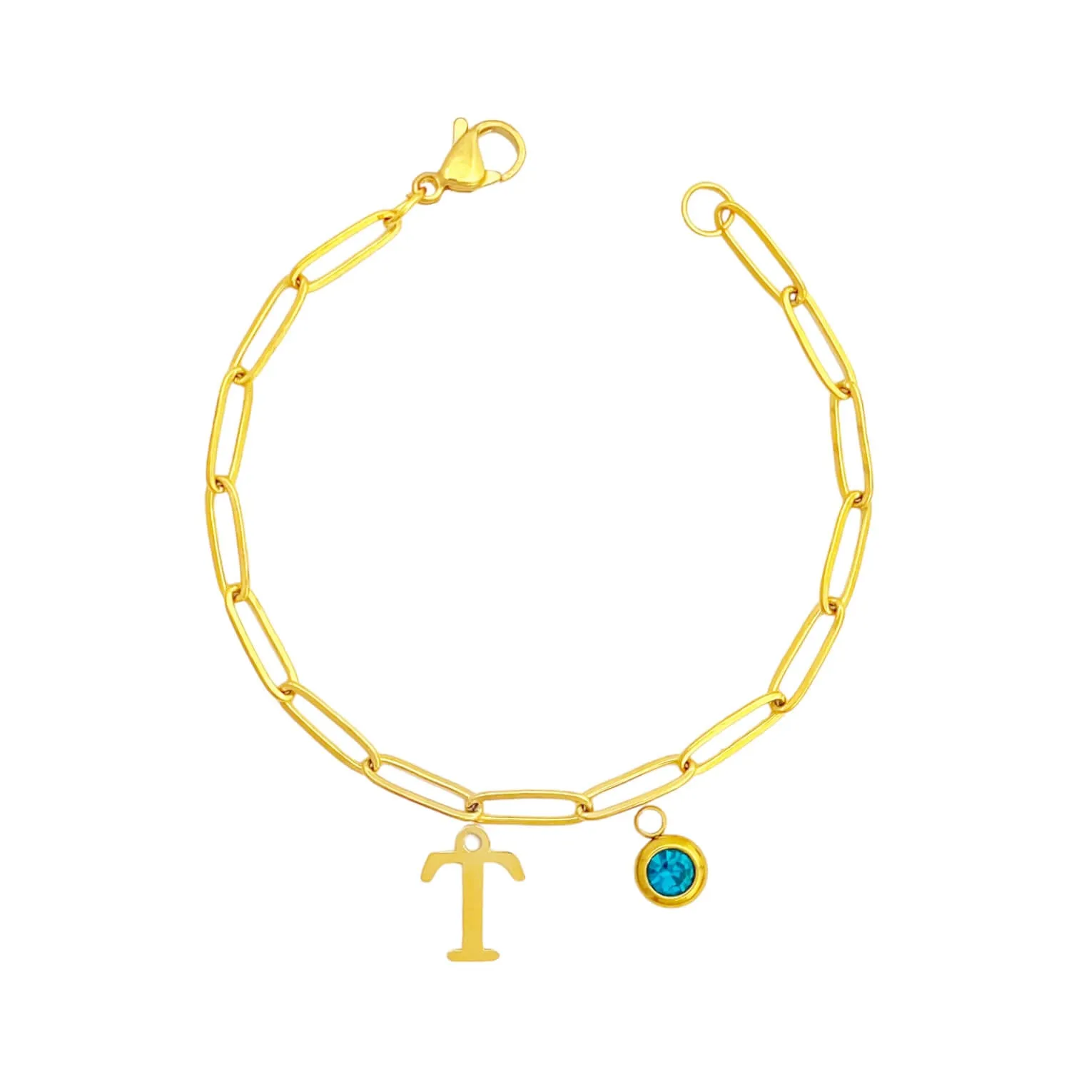 Alphabet Birthstone Paperclip Bracelet Gold (O-U)