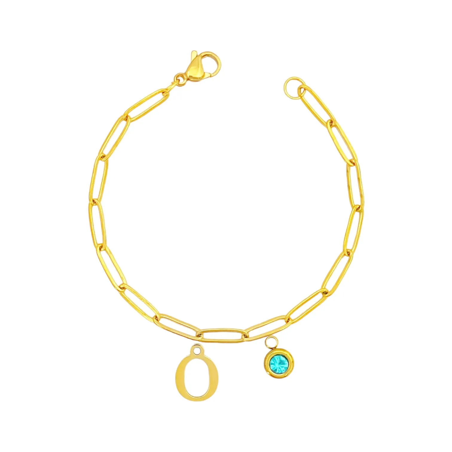 Alphabet Birthstone Paperclip Bracelet Gold (O-U)