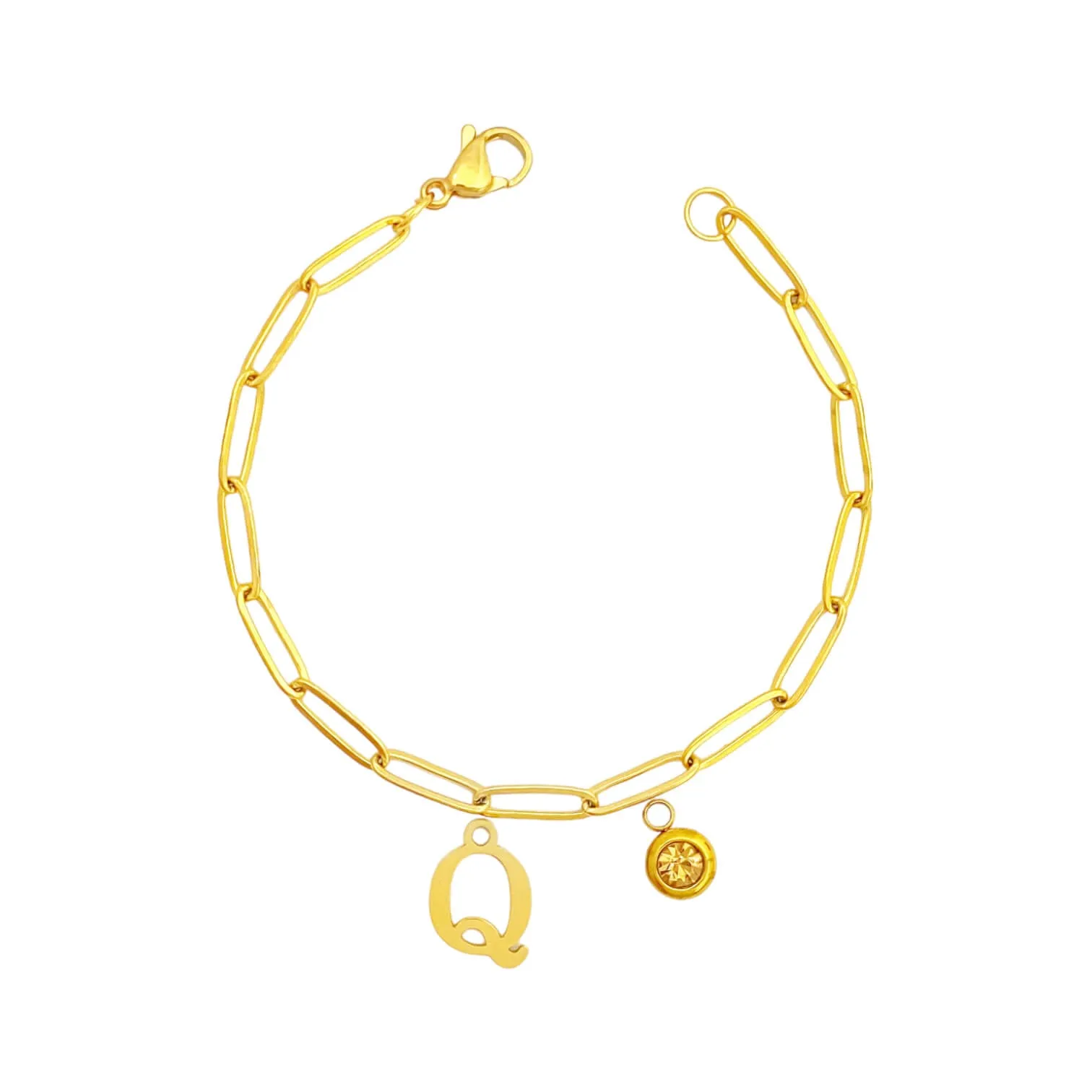 Alphabet Birthstone Paperclip Bracelet Gold (O-U)