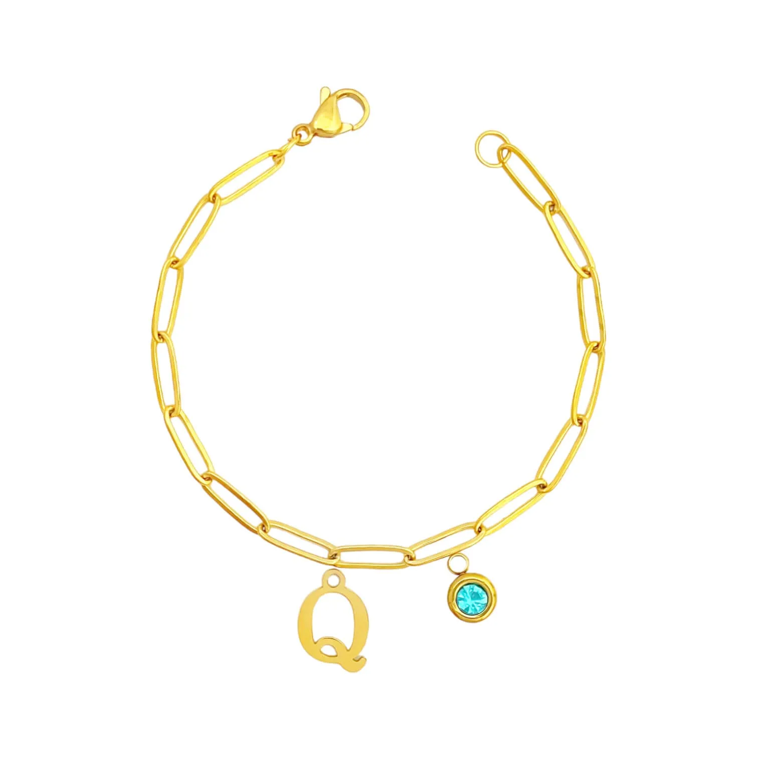 Alphabet Birthstone Paperclip Bracelet Gold (O-U)