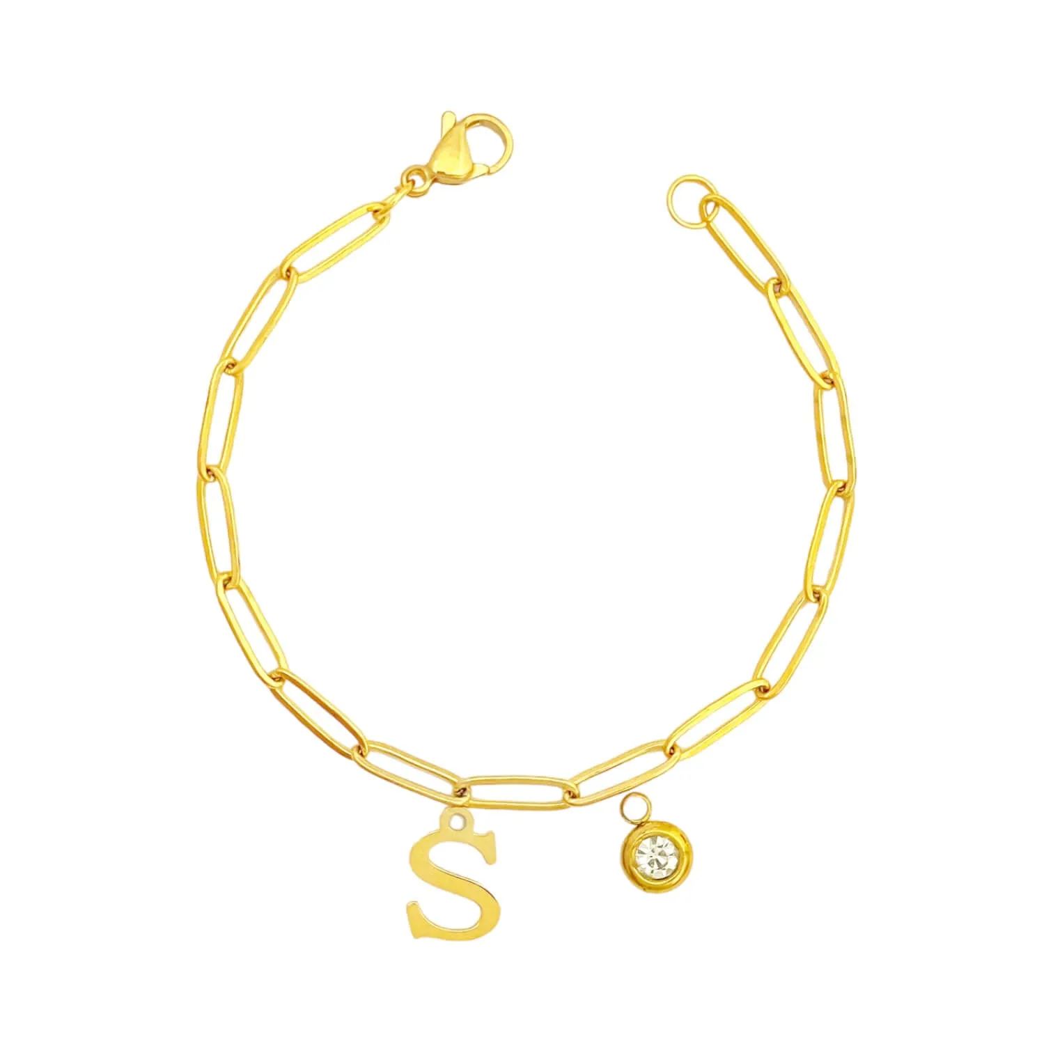 Alphabet Birthstone Paperclip Bracelet Gold (O-U)