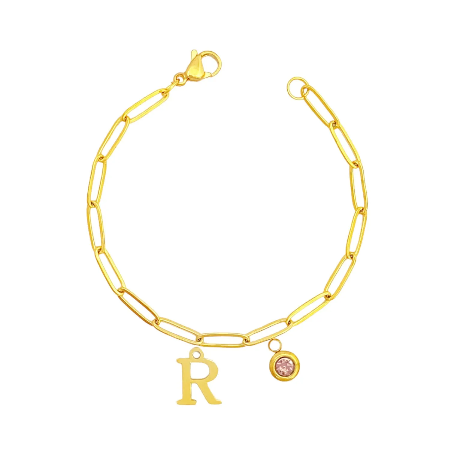 Alphabet Birthstone Paperclip Bracelet Gold (O-U)