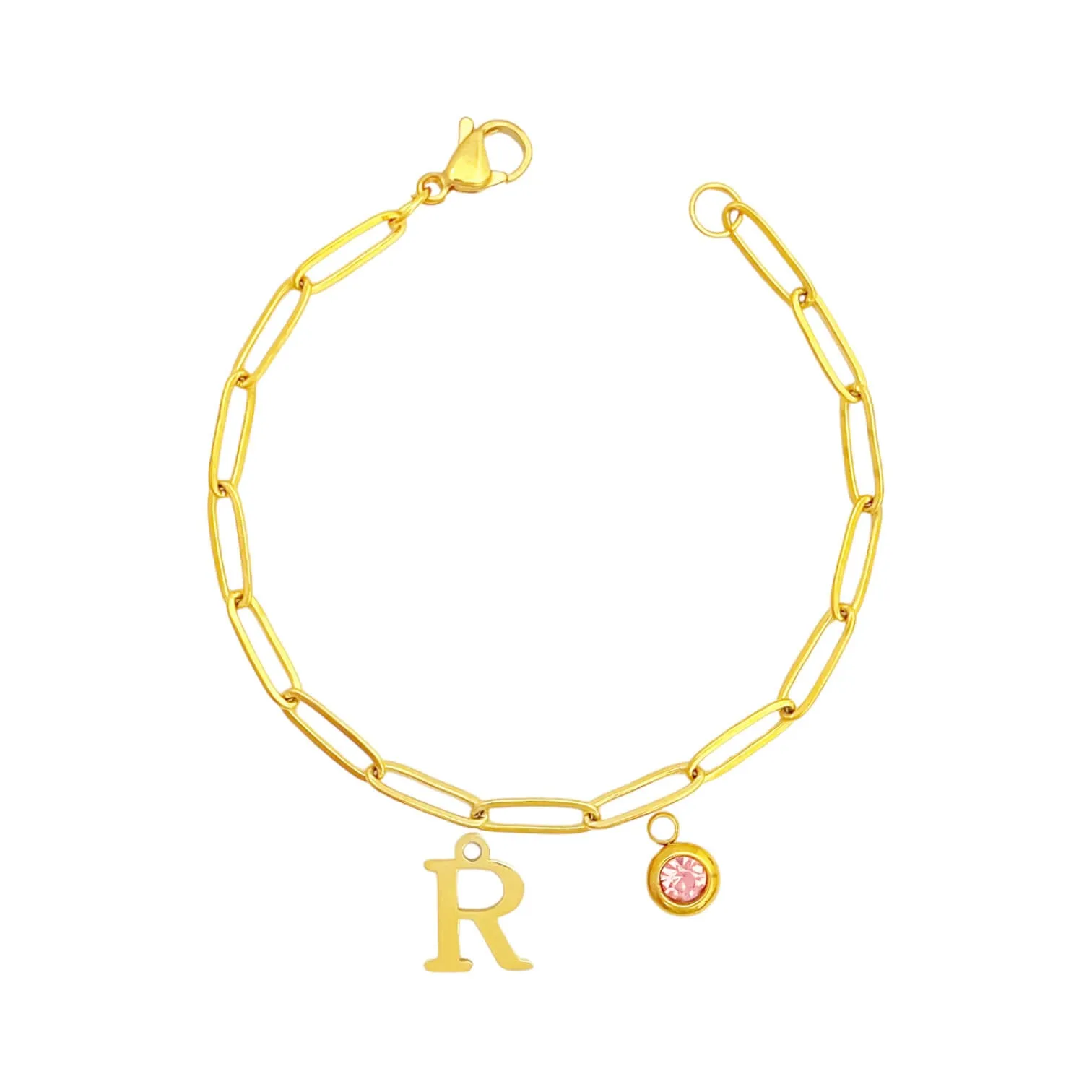 Alphabet Birthstone Paperclip Bracelet Gold (O-U)