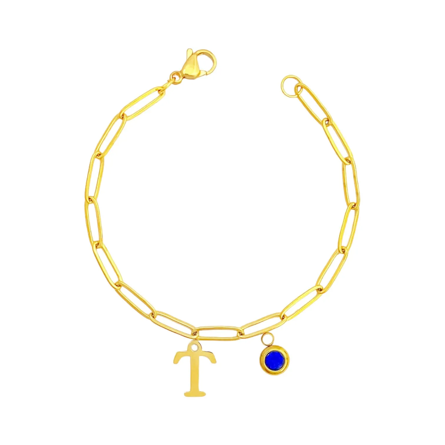 Alphabet Birthstone Paperclip Bracelet Gold (O-U)