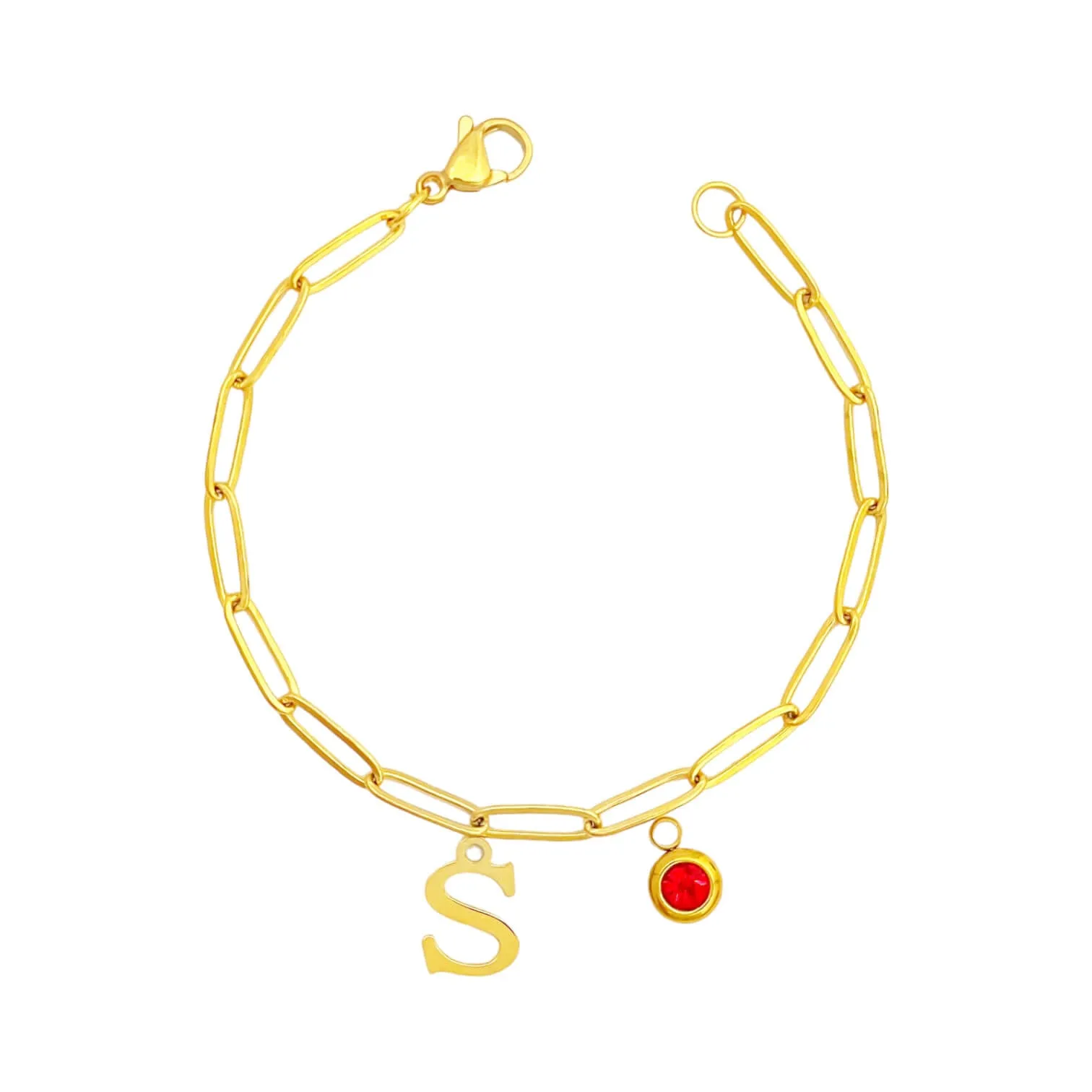 Alphabet Birthstone Paperclip Bracelet Gold (O-U)