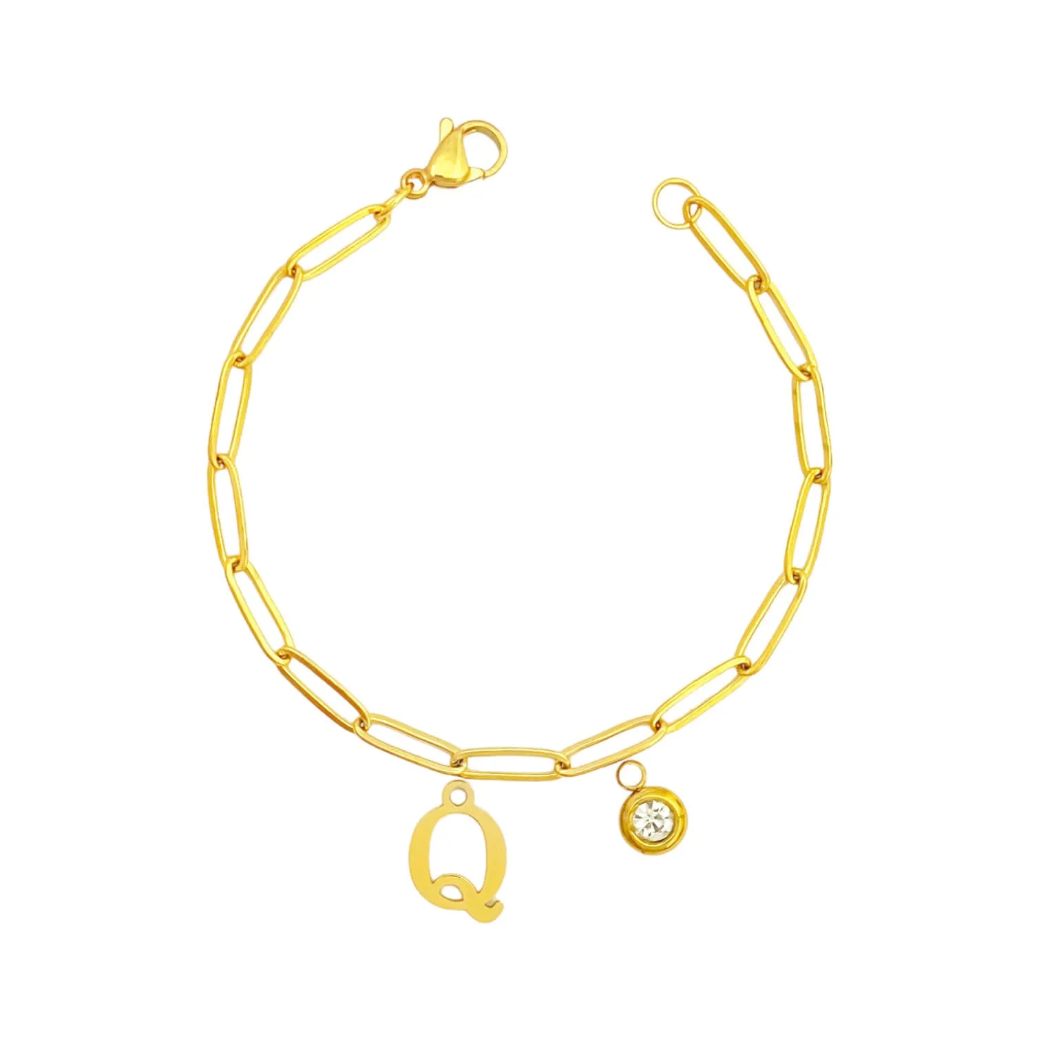 Alphabet Birthstone Paperclip Bracelet Gold (O-U)