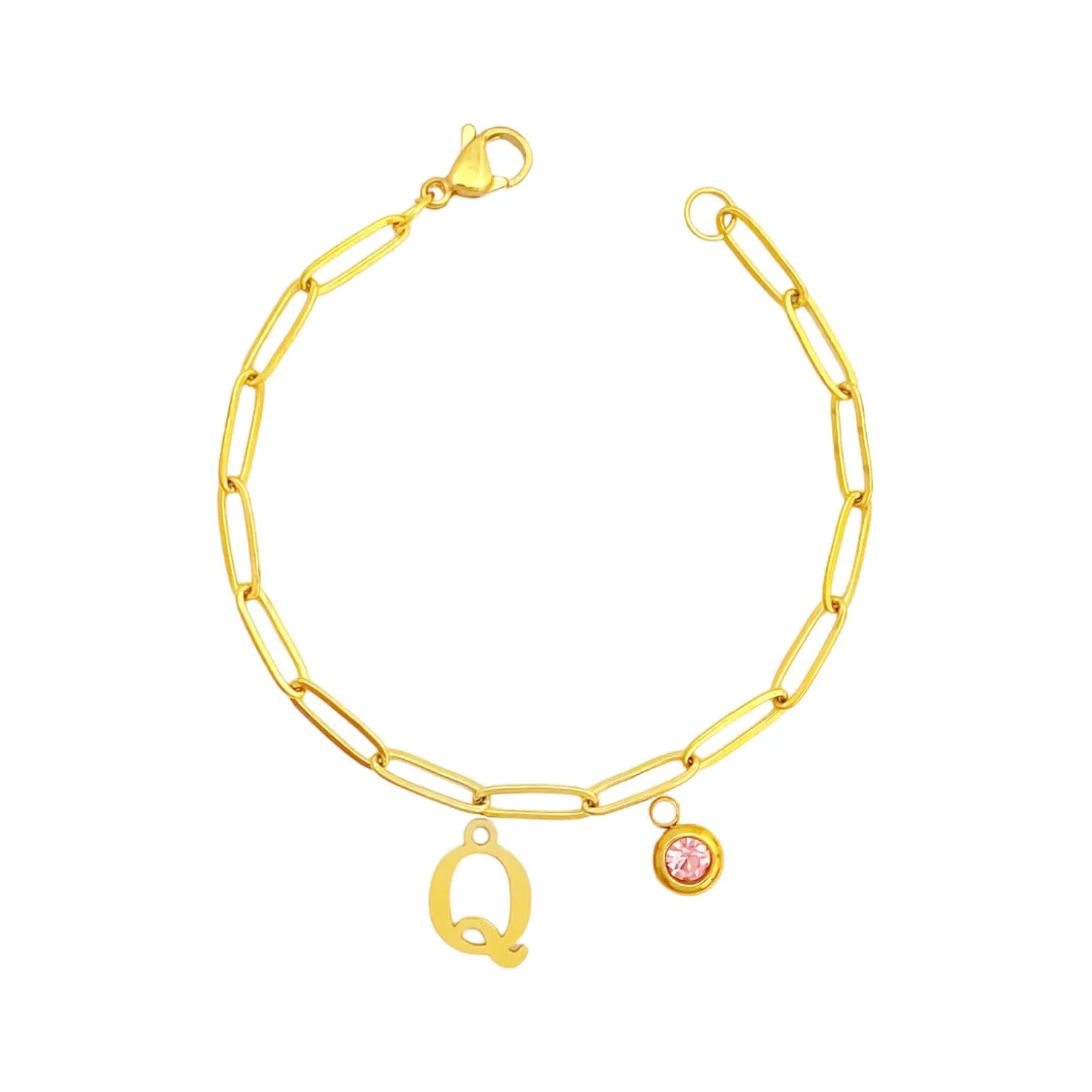 Alphabet Birthstone Paperclip Bracelet Gold (O-U)