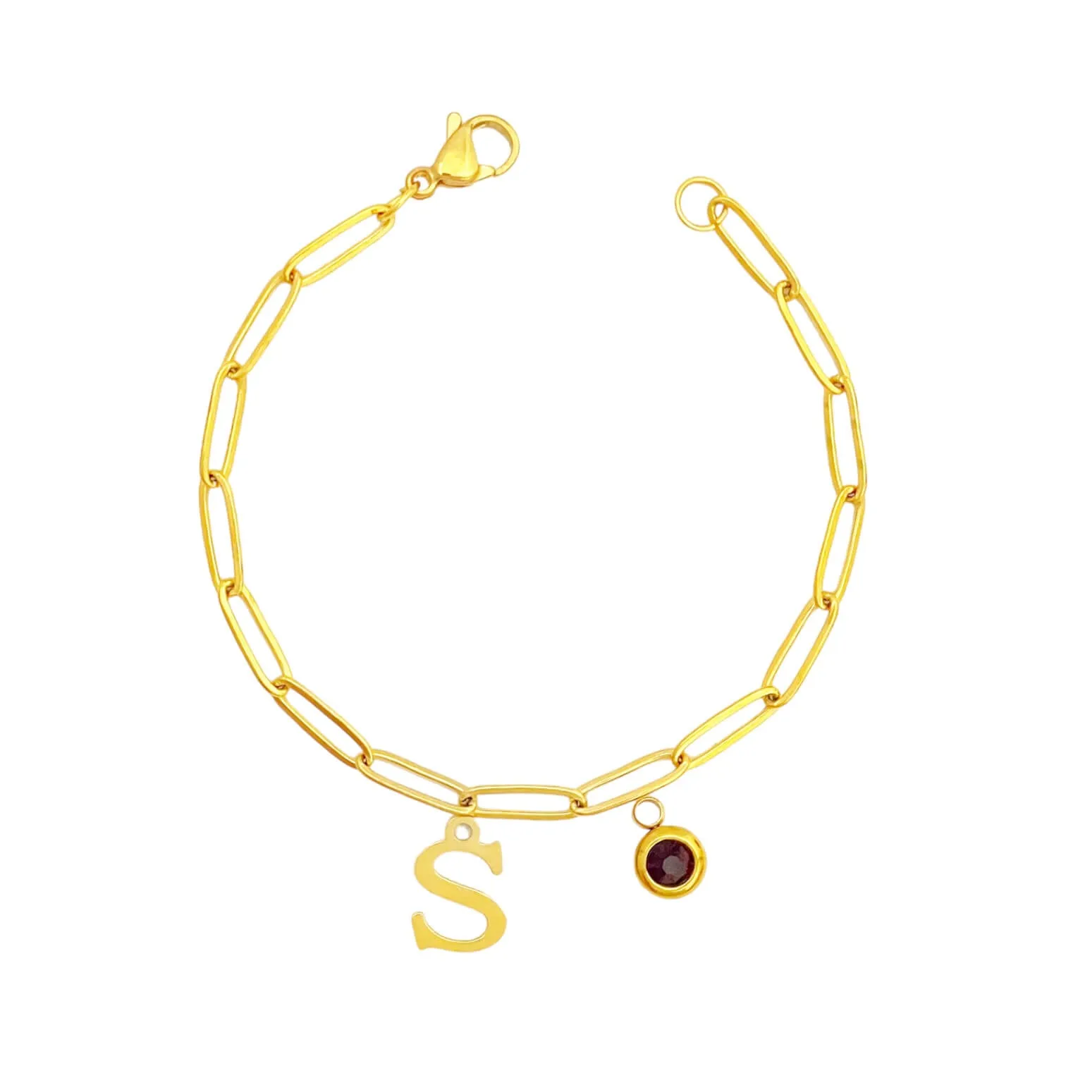 Alphabet Birthstone Paperclip Bracelet Gold (O-U)