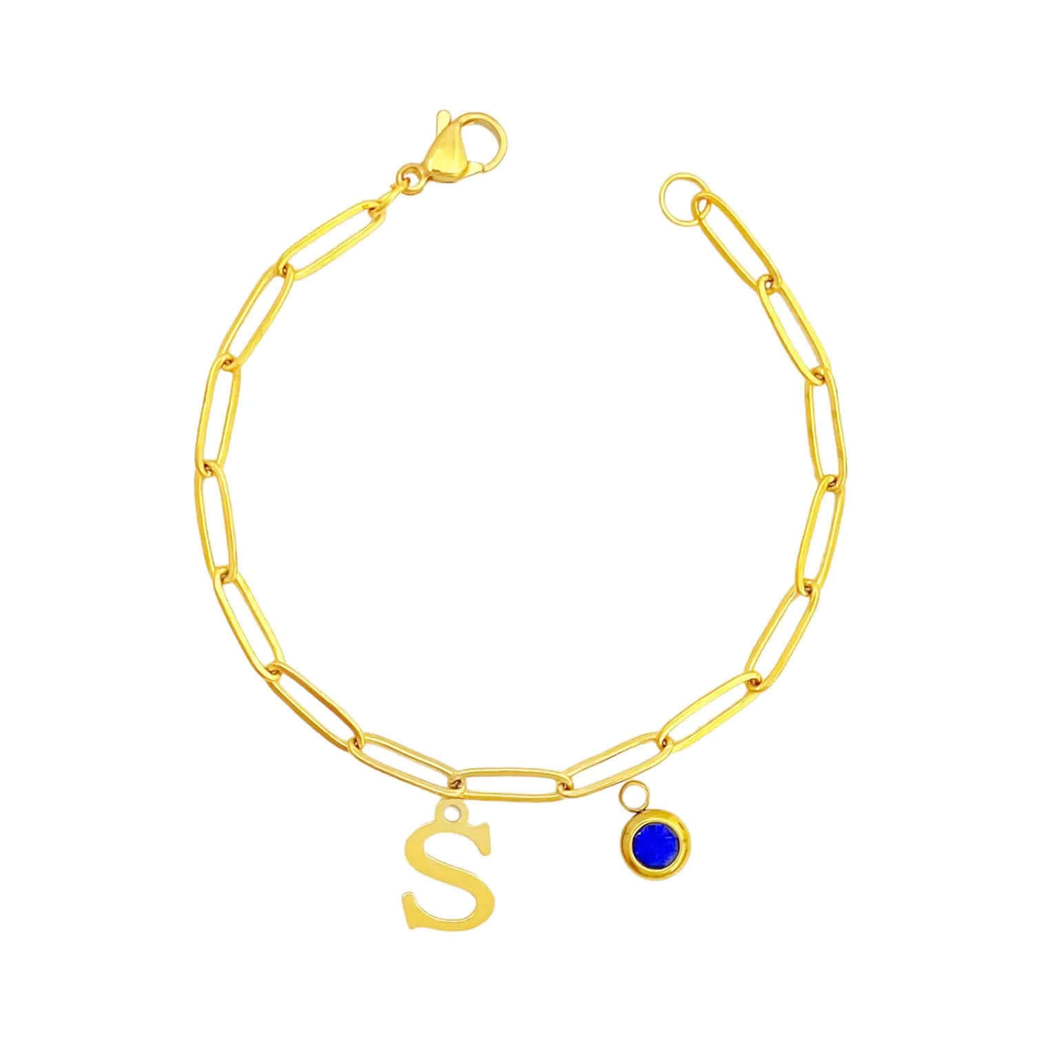 Alphabet Birthstone Paperclip Bracelet Gold (O-U)