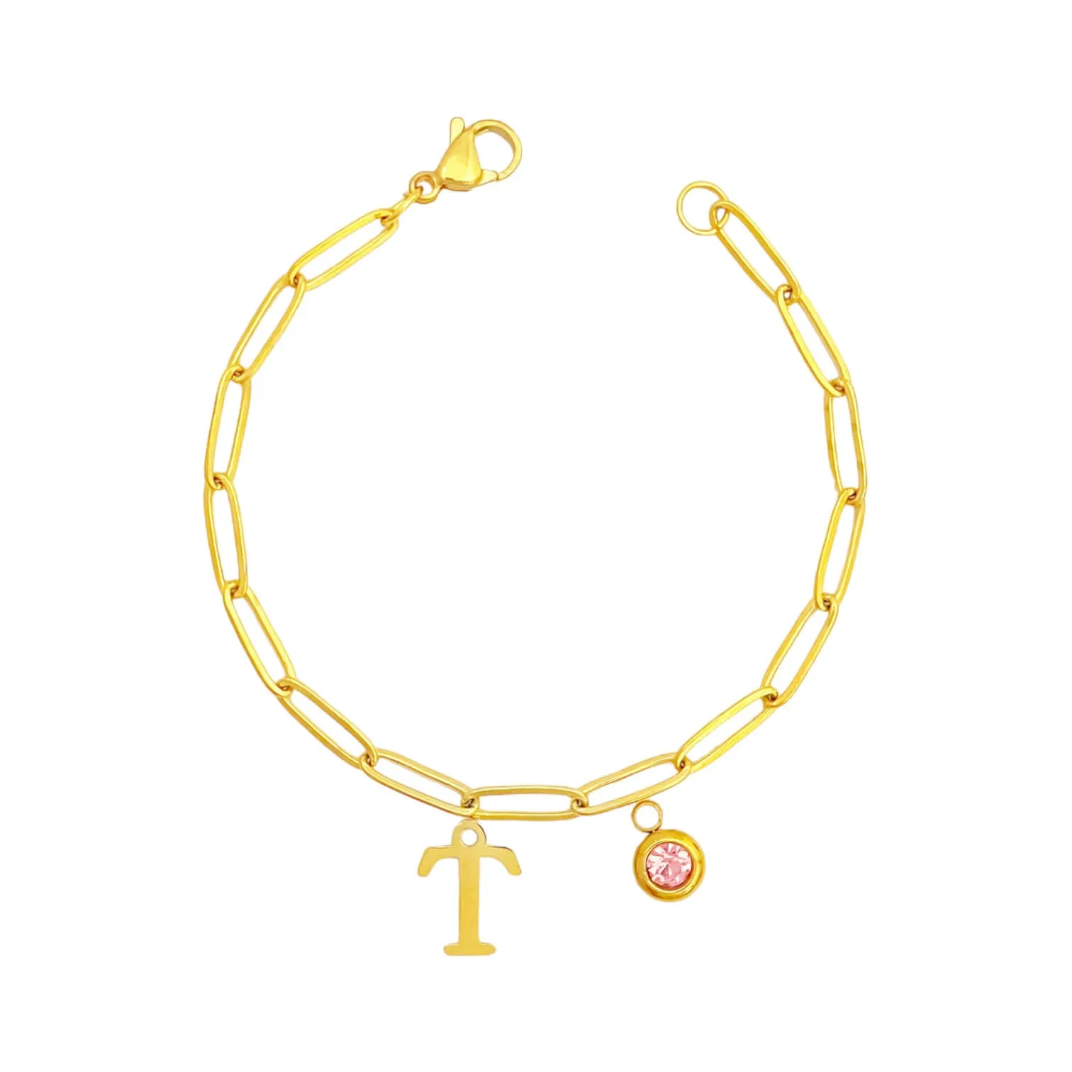 Alphabet Birthstone Paperclip Bracelet Gold (O-U)