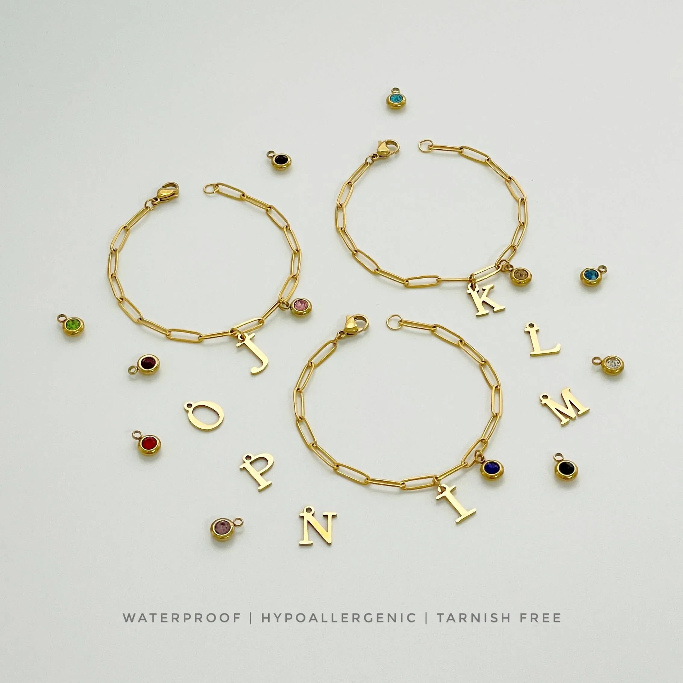 Alphabet Birthstone Paperclip Bracelet Gold (O-U)