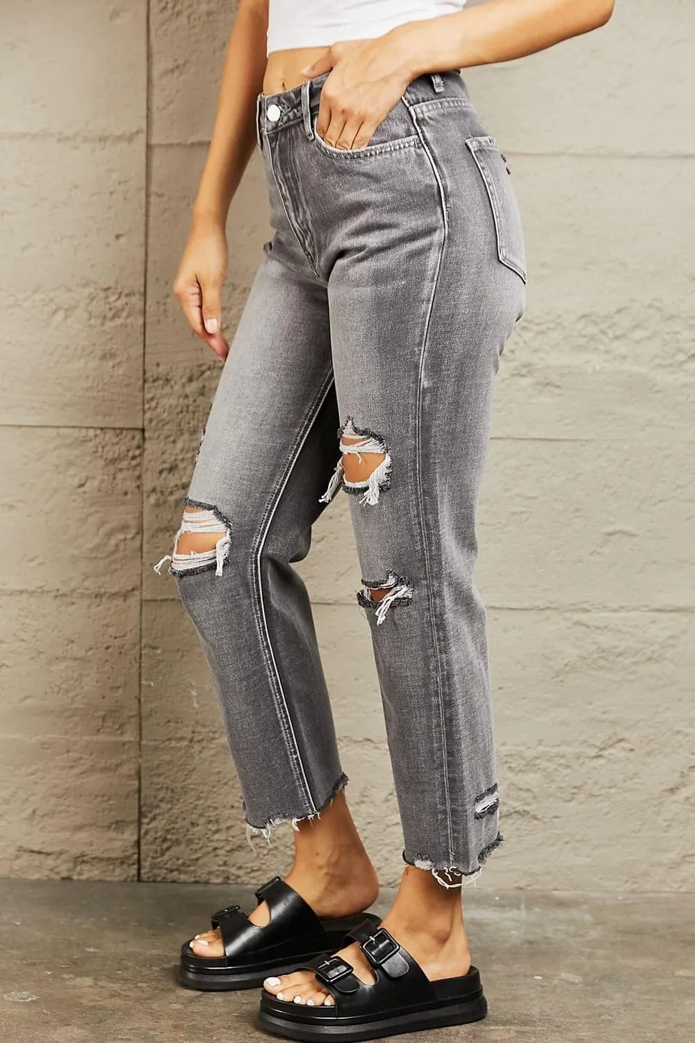 BAYEAS Mid Rise Distressed Cropped Dad Jeans, Heather Gray