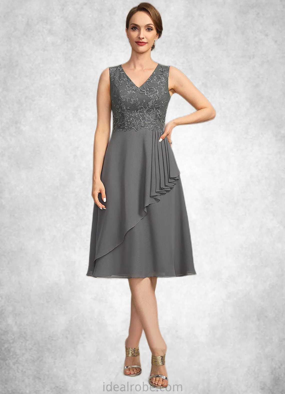 Baylee A-line V-Neck Knee-Length Chiffon Lace Mother of the Bride Dress With Cascading Ruffles Sequins STKP0021732