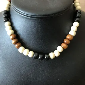 Black Off White and Brown Wood Beaded Mens Necklace