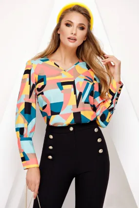 Blusa casual Fofy a fantasia geometrica multicolore con polsini alti e bottoni a perla