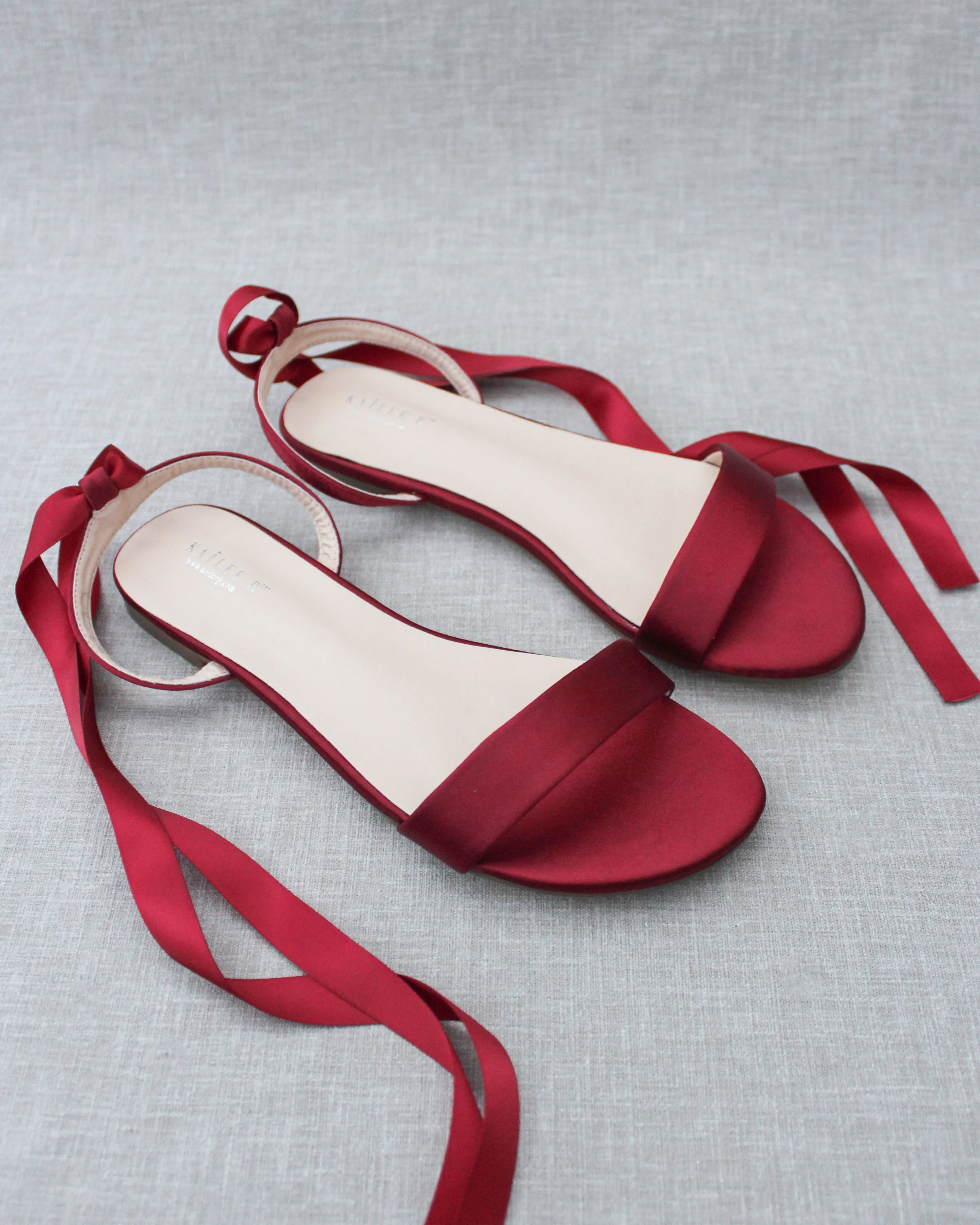 Burgundy Satin Flat Sandal with Ballerina Lace Up