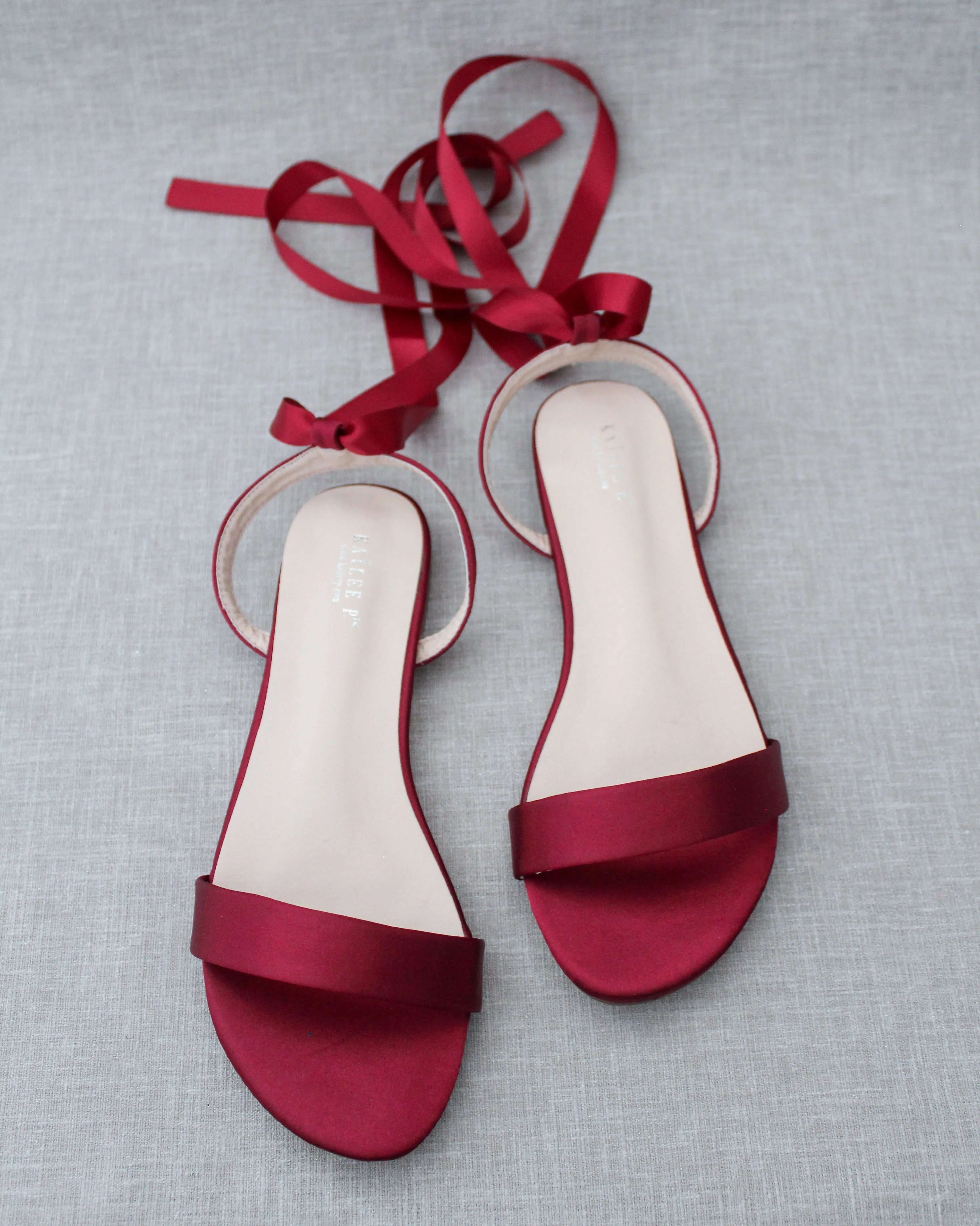 Burgundy Satin Flat Sandal with Ballerina Lace Up