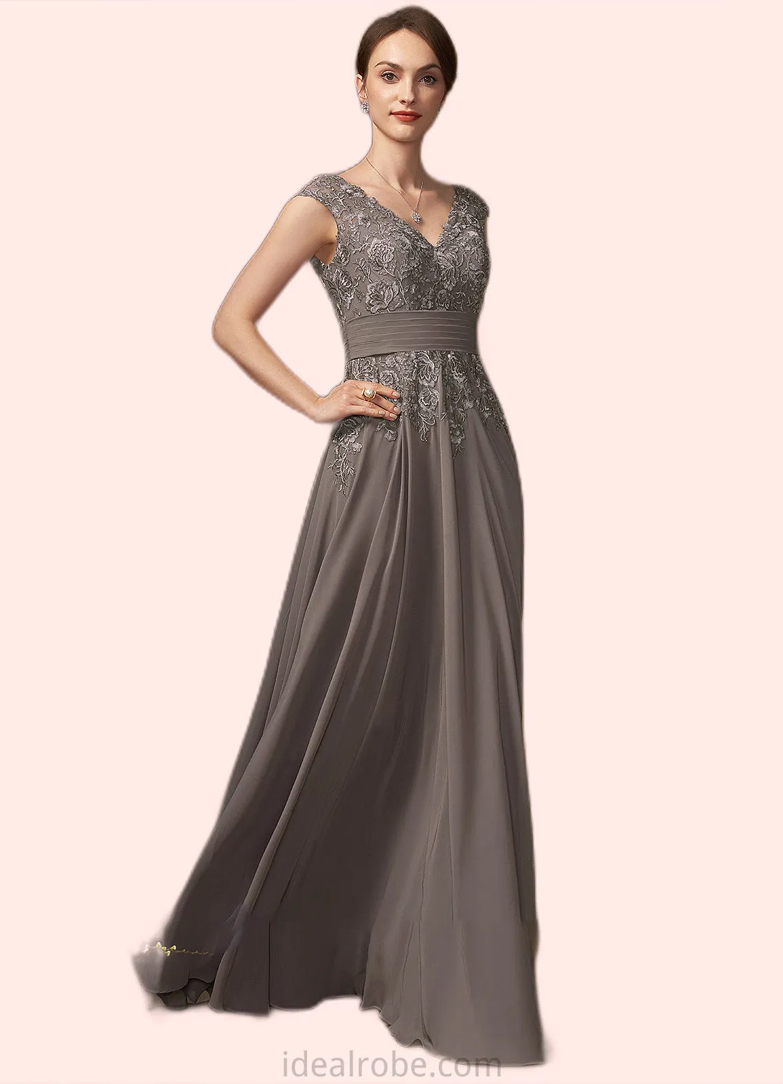 Carly A-Line V-neck Floor-Length Chiffon Lace Mother of the Bride Dress With Ruffle Sequins STK126P0014870