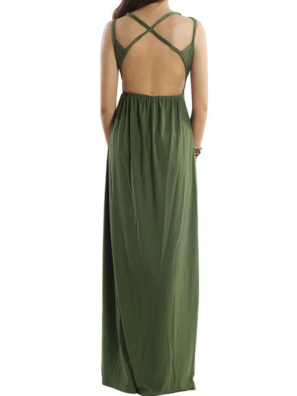 Choose Me Solid Lace-up Back Maxi Dress