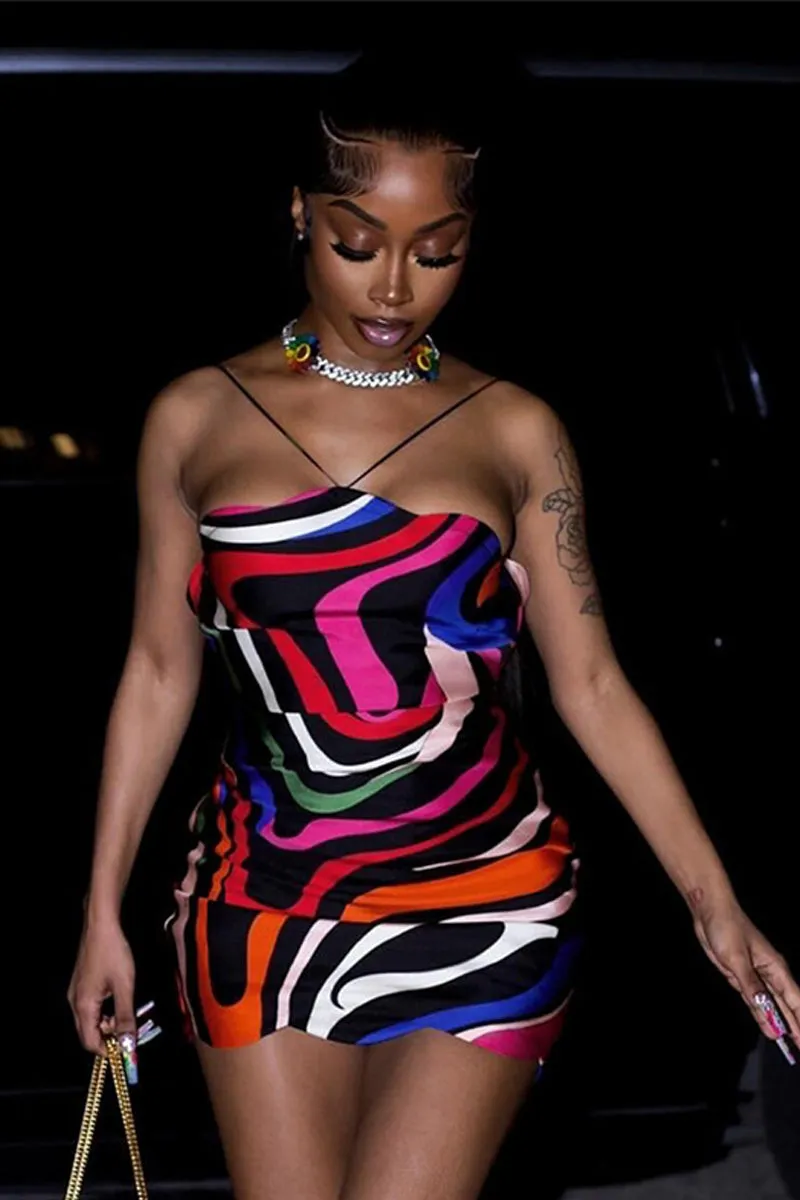 Colorful Print Backless Mini Bodycon Dress