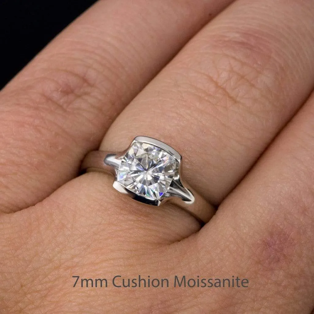 Cushion Cut Moissanite Fold Semi-Bezel Set Solitaire Engagement Ring