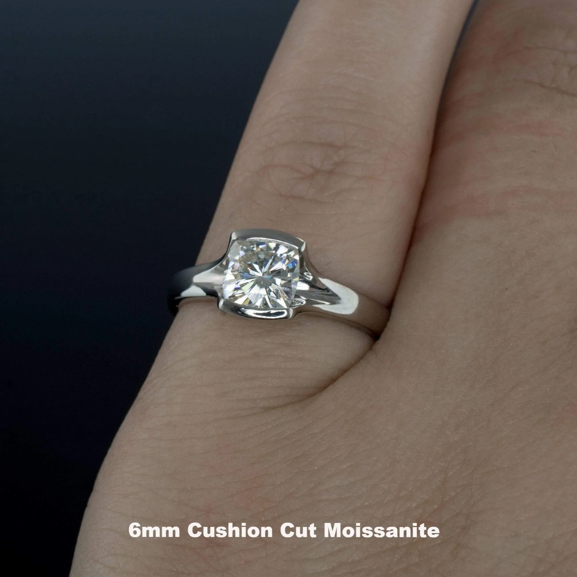 Cushion Cut Moissanite Fold Semi-Bezel Set Solitaire Engagement Ring