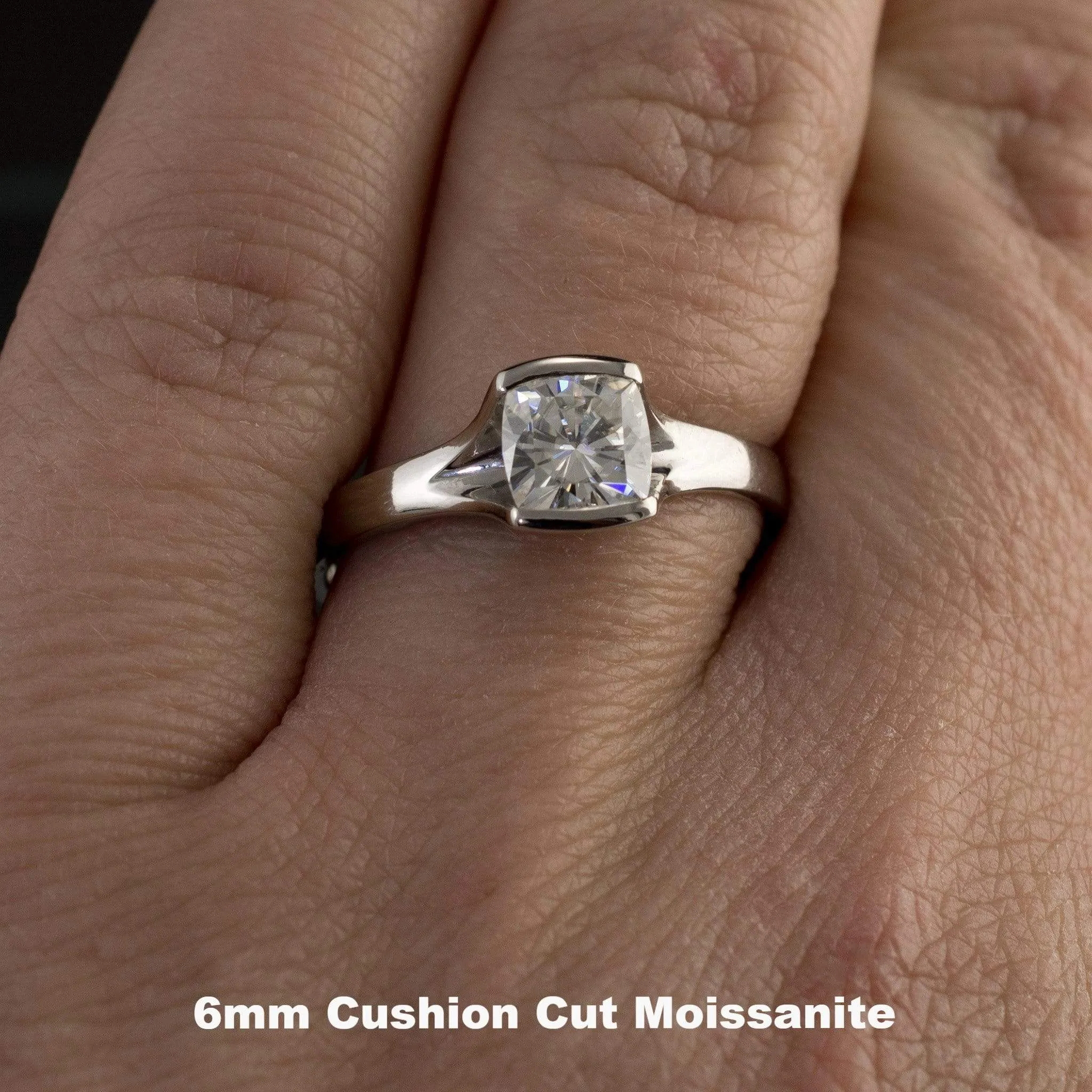 Cushion Cut Moissanite Fold Semi-Bezel Set Solitaire Engagement Ring