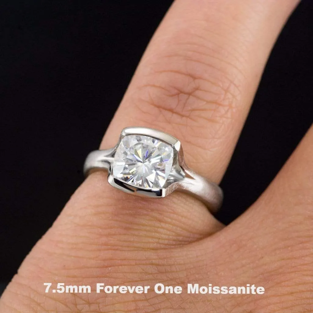 Cushion Cut Moissanite Fold Semi-Bezel Set Solitaire Engagement Ring