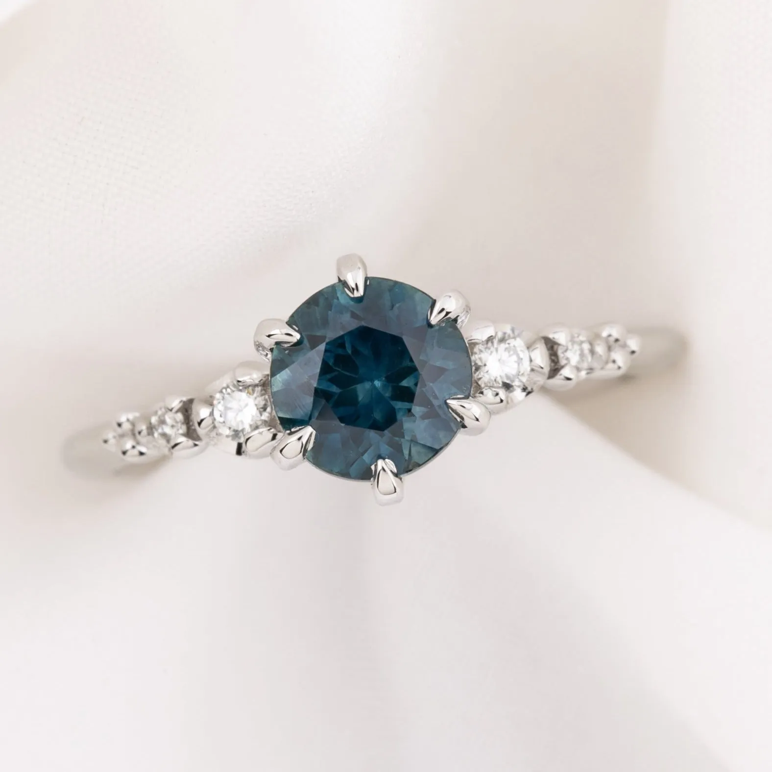 Estel Fleur Ring 1.42ct Deep Teal Blue Montana Sapphire, 14k White Gold (One of a kind)