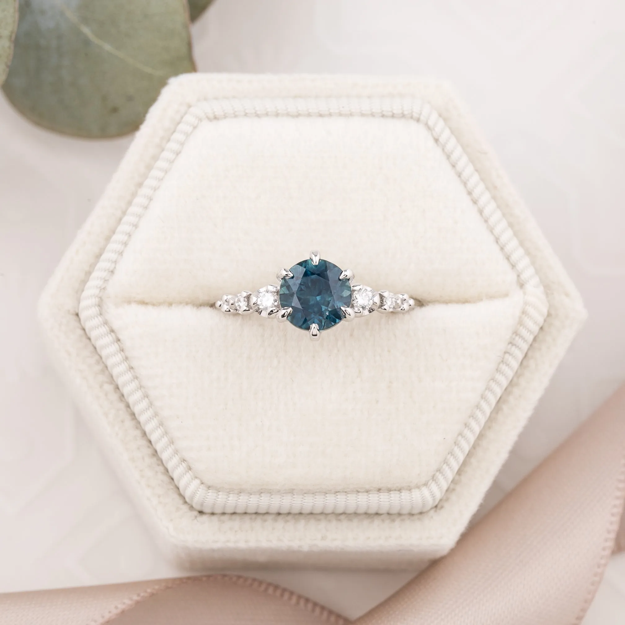 Estel Fleur Ring 1.42ct Deep Teal Blue Montana Sapphire, 14k White Gold (One of a kind)