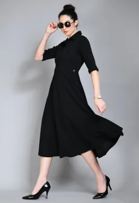 Exude Serenity Fit and Flared Shirt Midi Dress (Black)