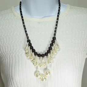 Igone, Black Lava Rock, Pearl Beaded, Necklace