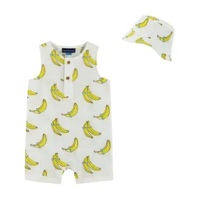 Infant White Banana Printed Woven Tank Romper w/Bucket Hat