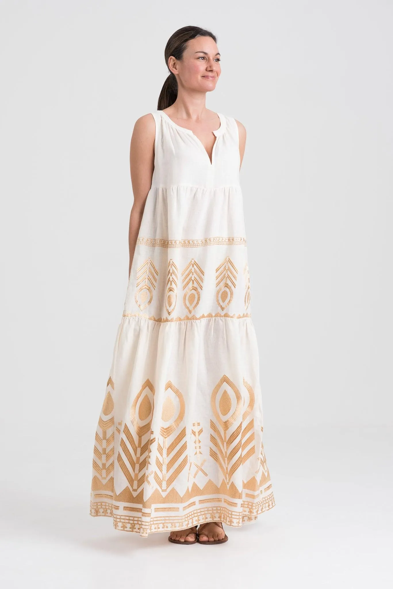 Kori Linen Maxi Sleeveless Dress | Cream & Gold, S