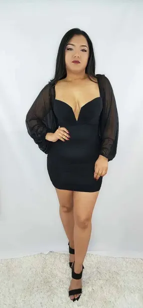 Long Sleeve Fitted Bodycon Black Mini Dress