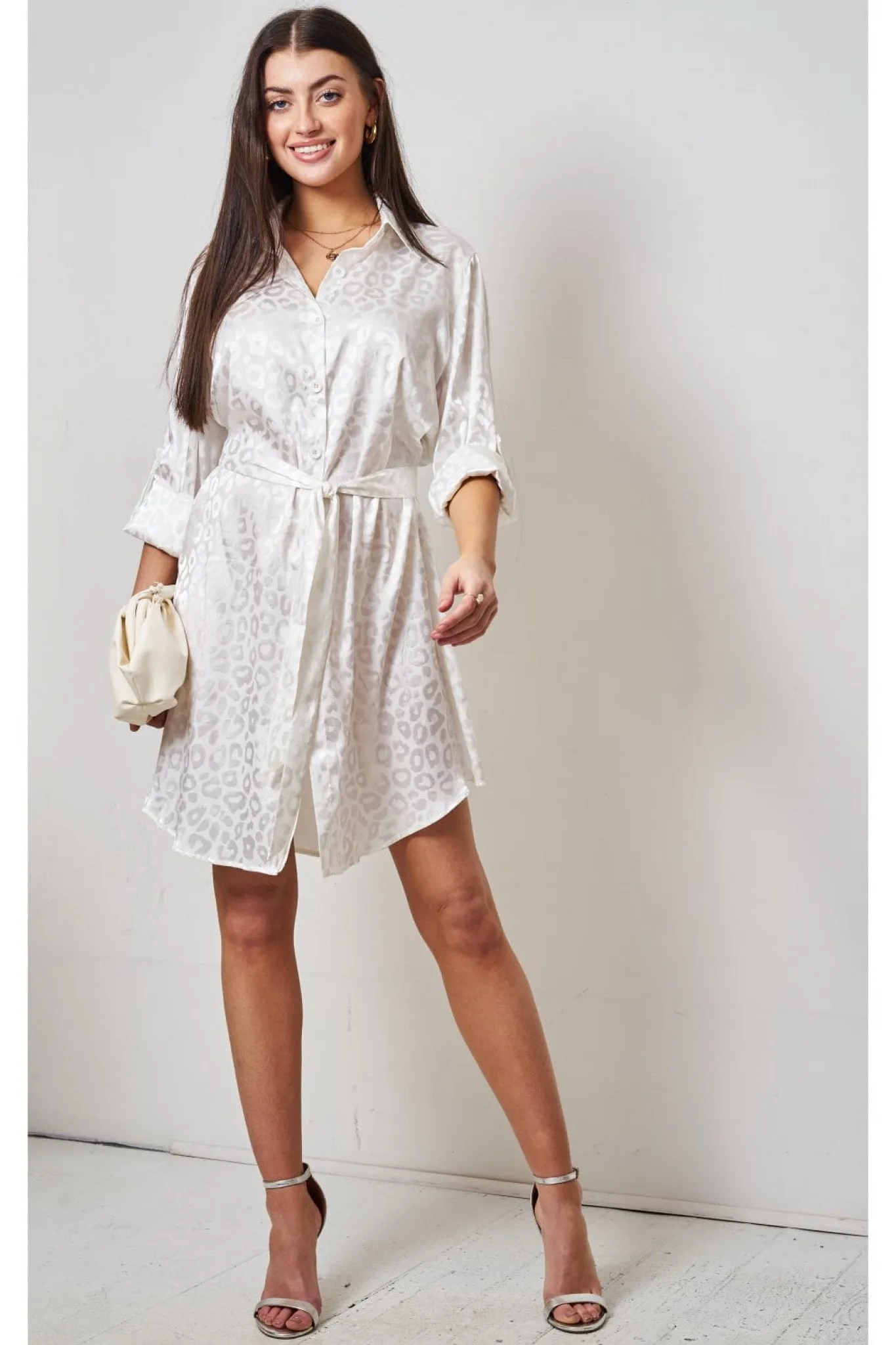 Love Frontrow White Jacquard Leopard Print Shirt Dress