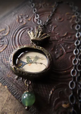 Medieval Manuscript Little Green Bird ~ Crowned Pictorial Shrine Amulet