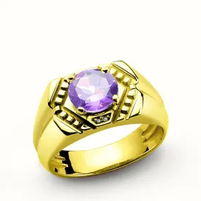 Men's Ring in 14k Solid Yellow Gold with Purple Amethyst Gemstone and Diamonds