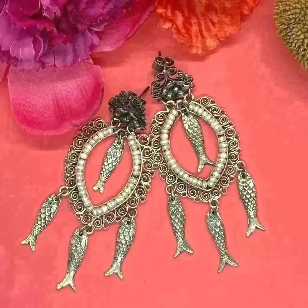 Mexican Oaxacan pearl silver filigree fish dangle earrings