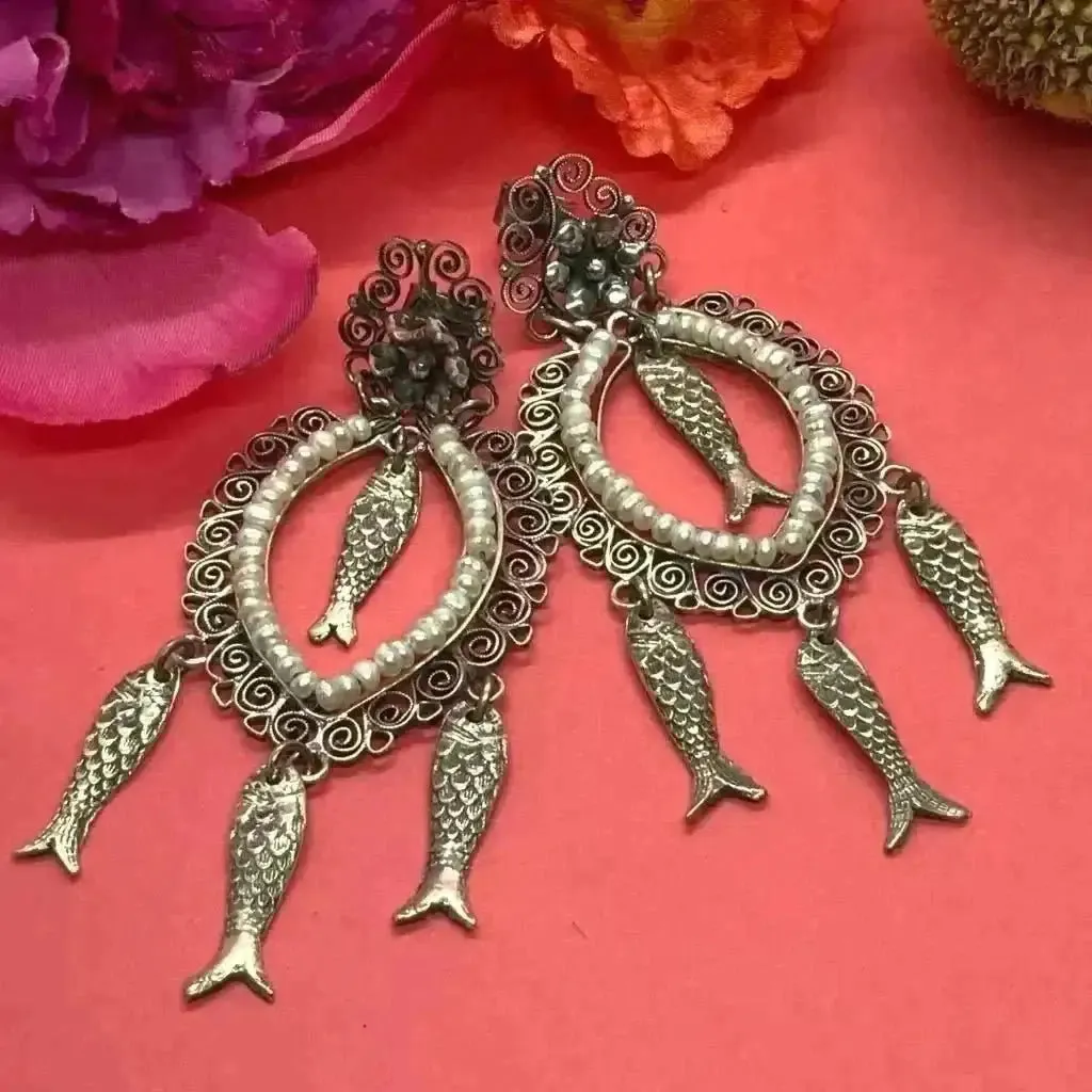 Mexican Oaxacan pearl silver filigree fish dangle earrings